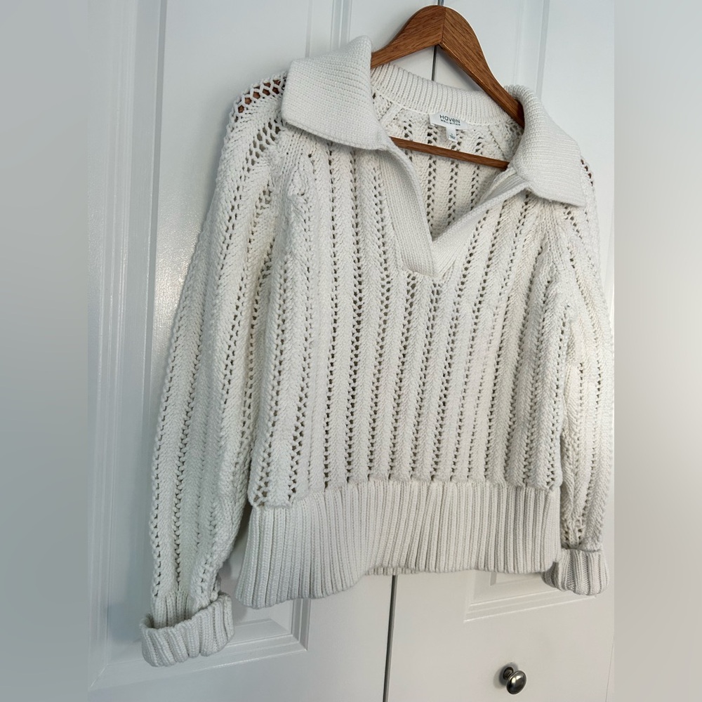 Haven Well Within Open Stitch Johnny Collar Sweater cream color size small - Picture 3 of 6